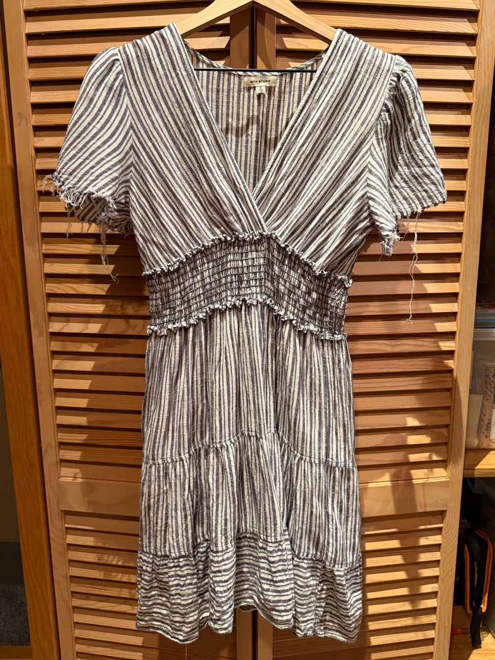 Striped V-Neck Smocked Waist Lined Summer Dress - Neutral Stripe